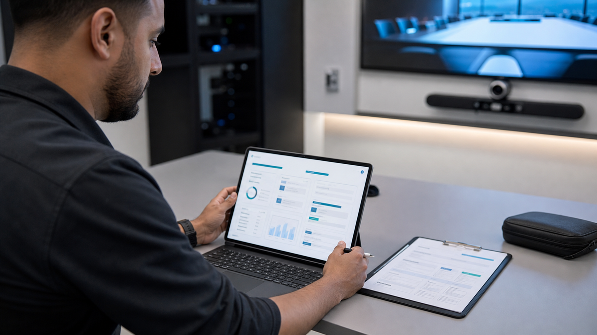 Technician reviewing an AV service report on a laptop