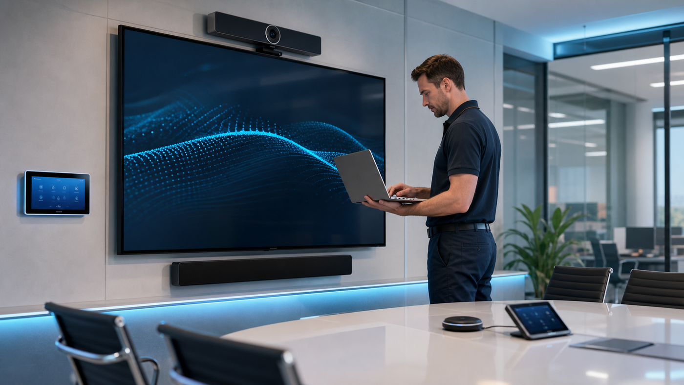 Technician inspecting commercial AV equipment