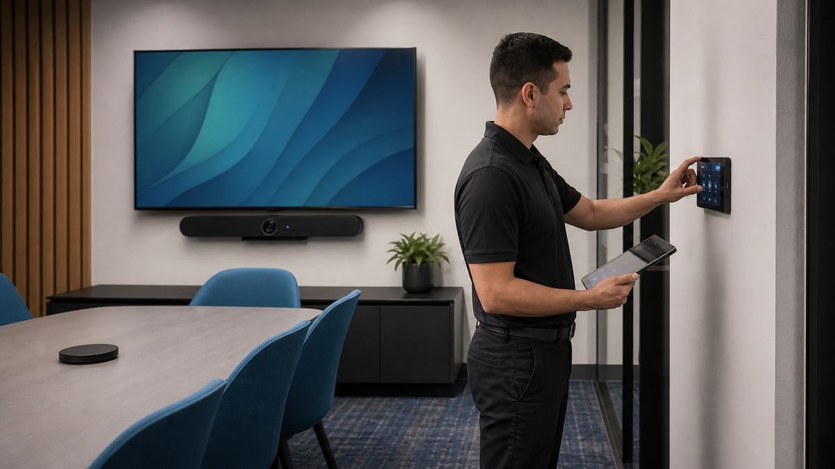 Technician checking meeting-room AV technology