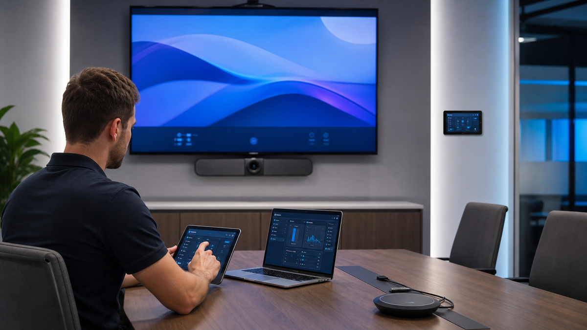 Technician testing AV equipment with a laptop