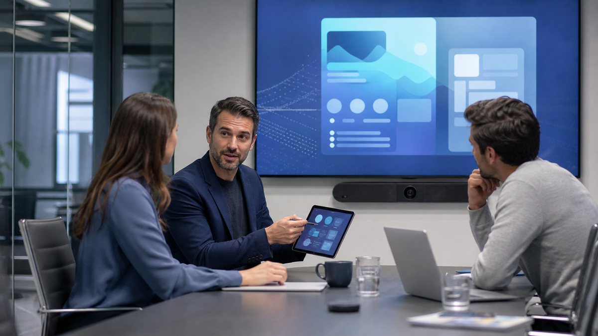 Consulting session with commercial AV technology visible