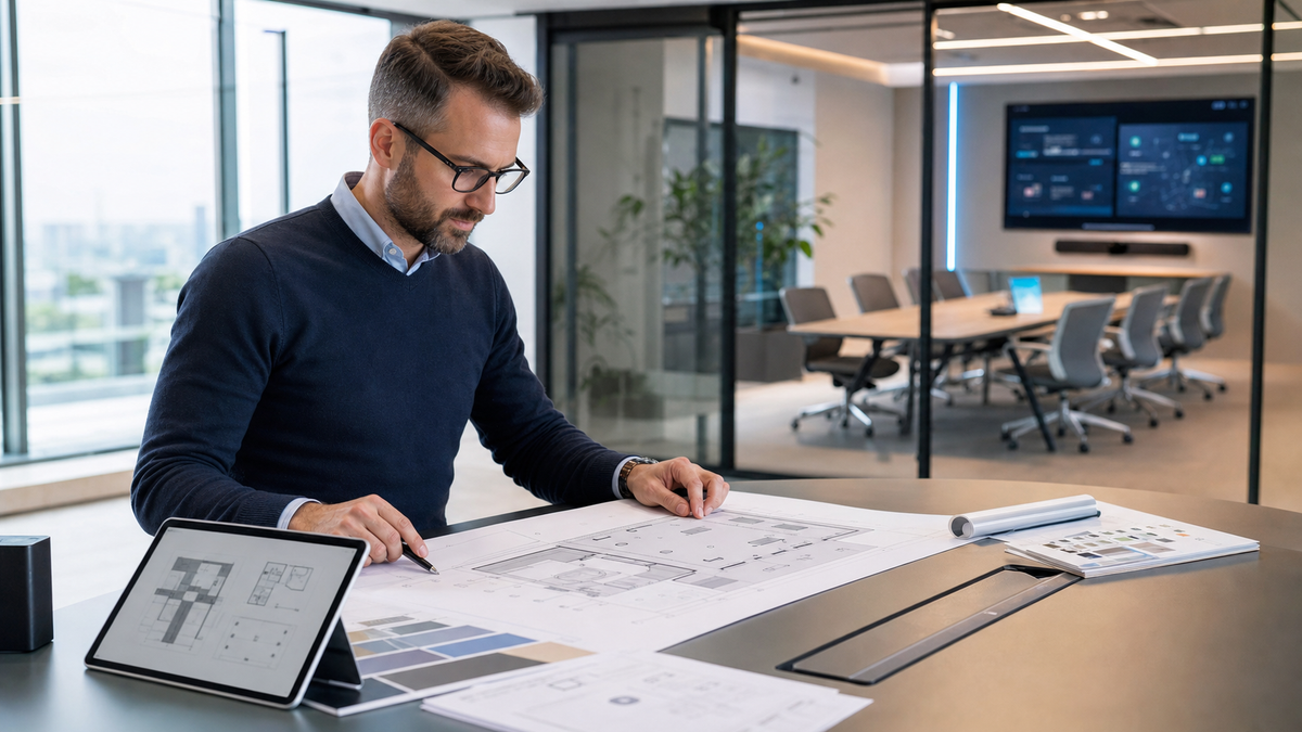 Consultant reviewing AV plans in a commercial environment