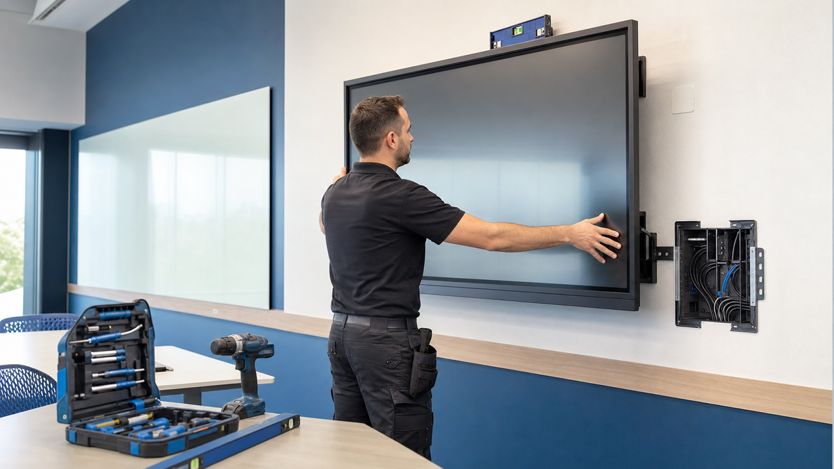 Technician installing a commercial display