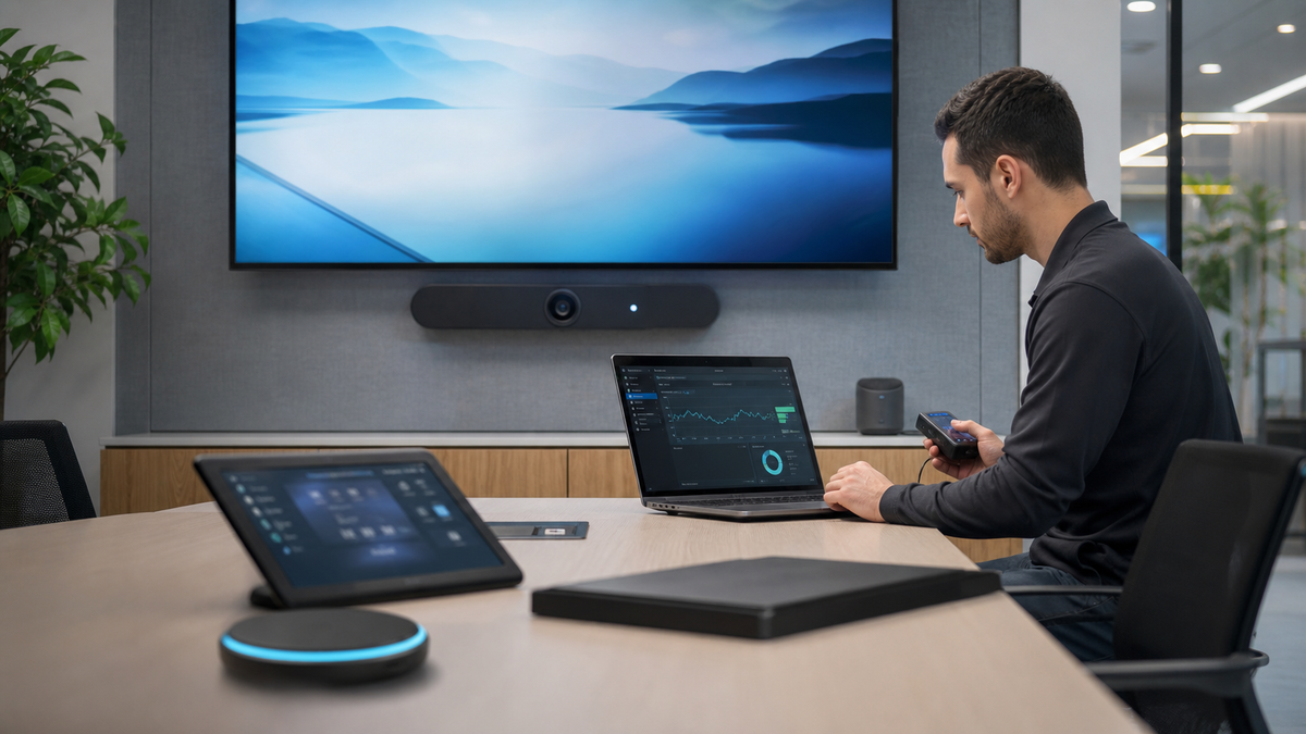 Technician diagnosing meeting-room AV equipment